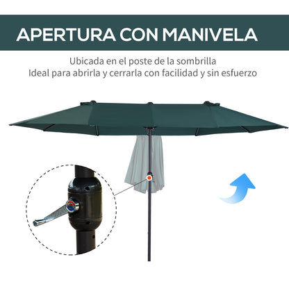 Outsunny Chapéu de Sol Duplo 4,6x2,4m Chapéu de Sol de Jardim com Manivela Manual Resistente à Água e com Proteção Solar UV para Terraço Pátio Verde