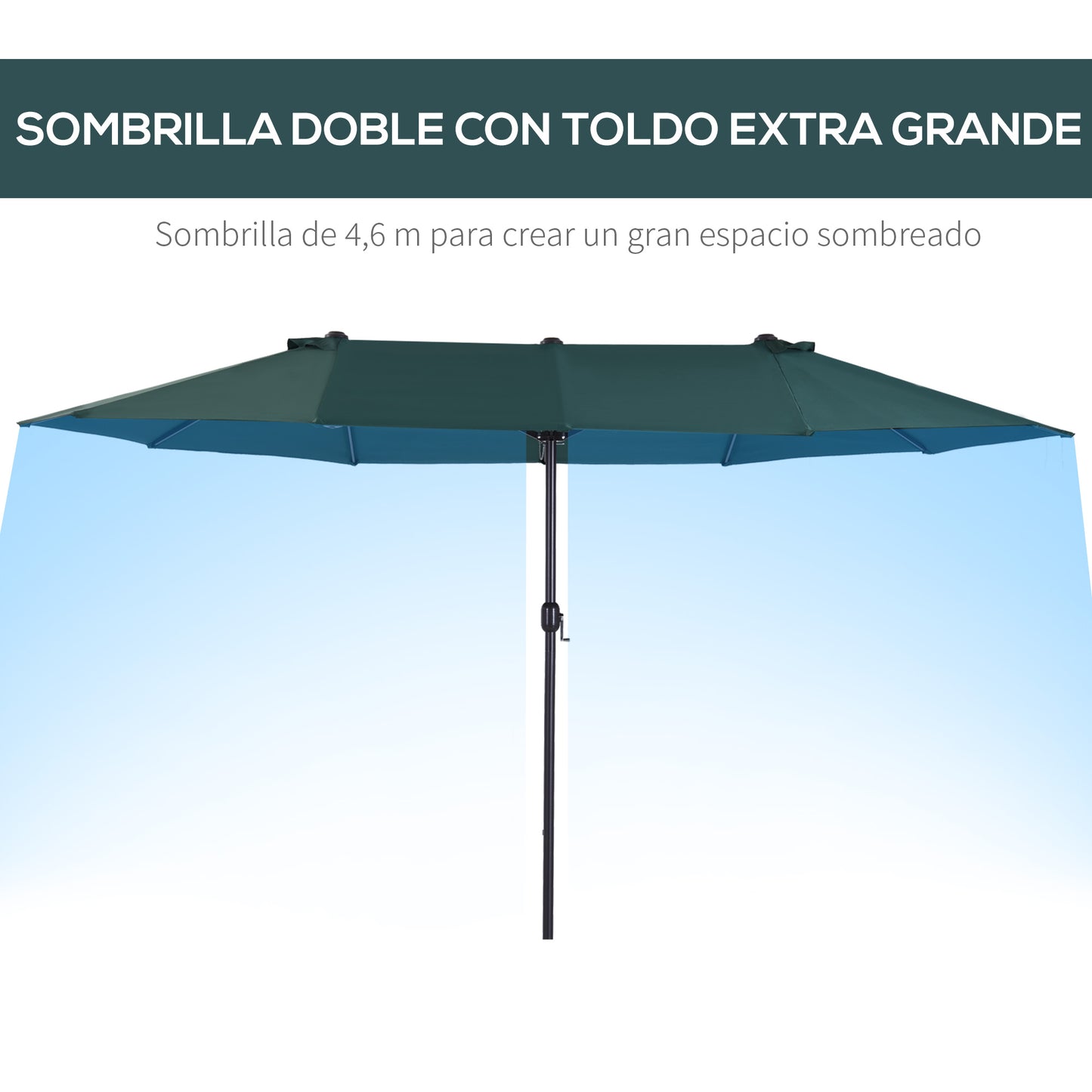 Outsunny Chapéu de Sol Duplo 4,6x2,4m Chapéu de Sol de Jardim com Manivela Manual Resistente à Água e com Proteção Solar UV para Terraço Pátio Verde