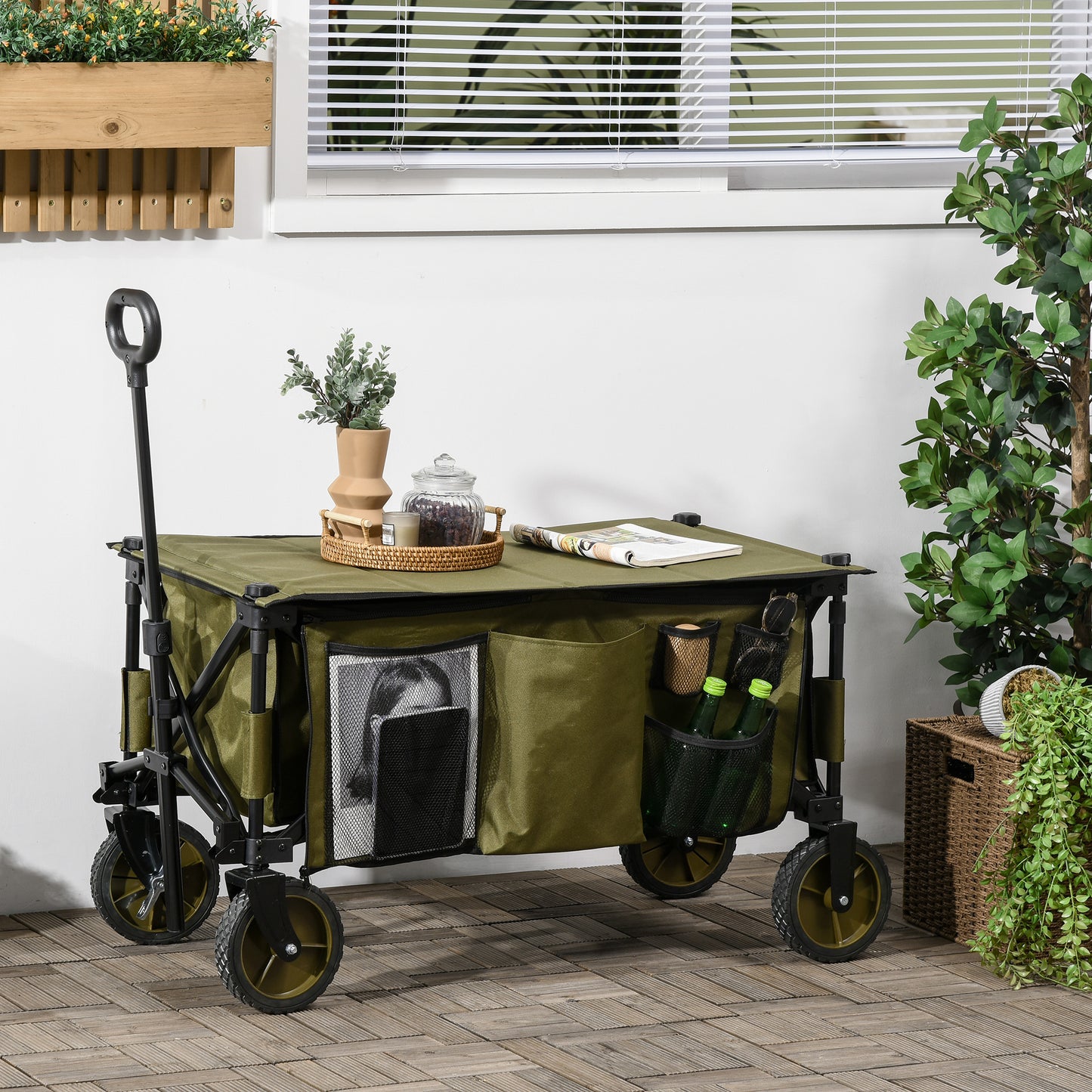 Outsunny Carrinho Dobrável de com Rodas Carrinho para Praia com Guiador Telescópico Bancada Dobrável 5 Bolsas de Armazenamento Estrutura de Aço e Tecido de Oxford 108x55x93cm Verde Escuro