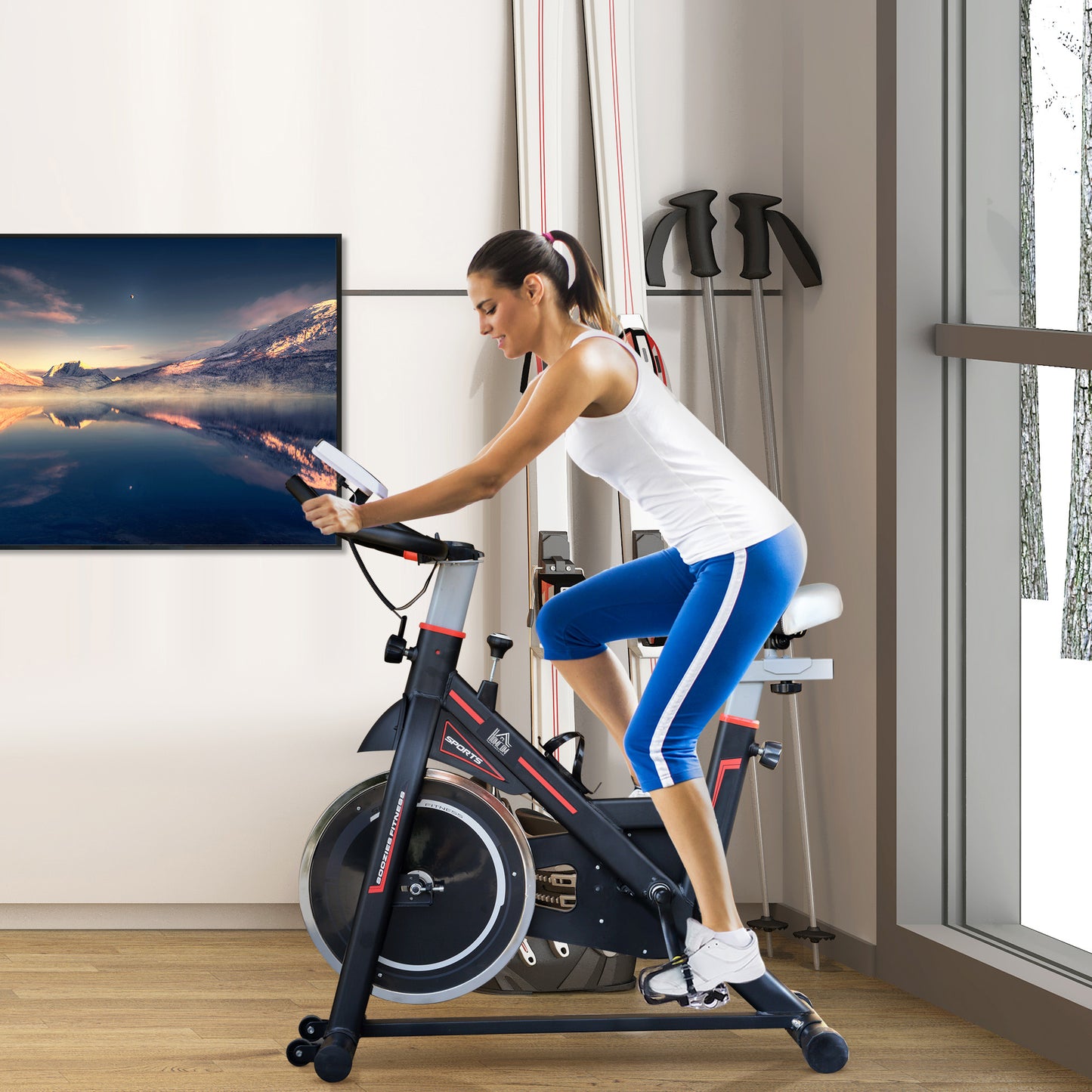 HOMCOM Bicicleta Estática com Resistência Ajustável Bicicleta Fitness com Volante de Inércia de 8kg Ecrã LCD Assento e Guiador Ajustáveis Suporte para Tablet 103x48x115cm Preto