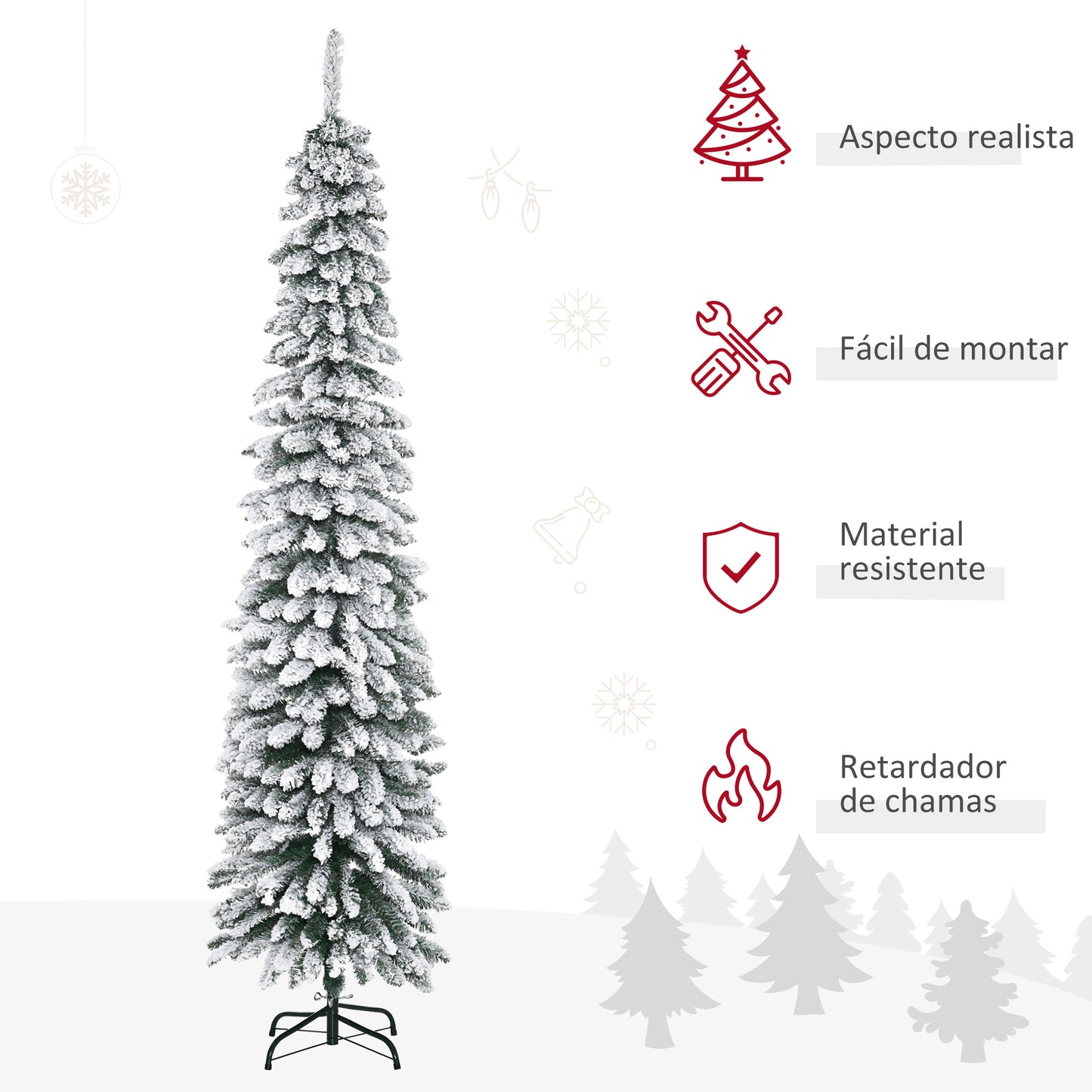 Árvore de Natal Artificial 210cm com Neve Ignífugo com 490 Ramos Folhas de PVC Base Dobrável e Suporte Metálico Decoração de Natal para Interiores Verde