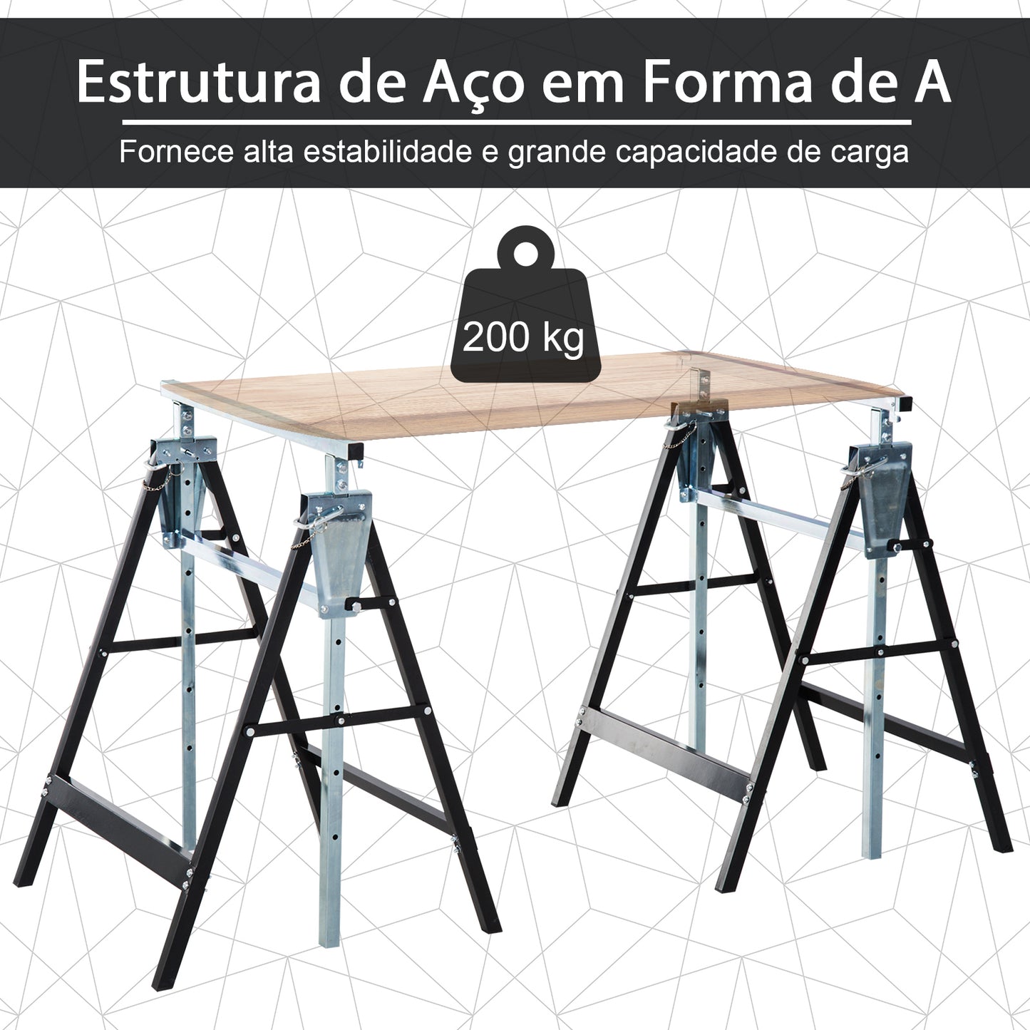 HOMCOM Conjunto de 2 Cavaletes Telescópicos Dobráveis com Altura Ajustável Cavaletes de Serra de Aço para Mesa de Trabalho Carga 200kg 68x58x80-130cm Preto