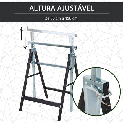 HOMCOM Conjunto de 2 Cavaletes Telescópicos Dobráveis com Altura Ajustável Cavaletes de Serra de Aço para Mesa de Trabalho Carga 200kg 68x58x80-130cm Preto