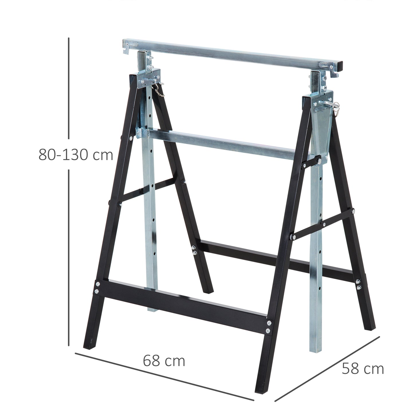 HOMCOM Conjunto de 2 Cavaletes Telescópicos Dobráveis com Altura Ajustável Cavaletes de Serra de Aço para Mesa de Trabalho Carga 200kg 68x58x80-130cm Preto