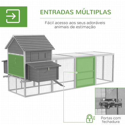 PawHut Galinheiro Grande de Madeira 310,5x149,5x149 cm Gaiola para Galinhas com 2 Janelas Portas Ninho Bandeja Amovível e Rampa para Exterior Cinza