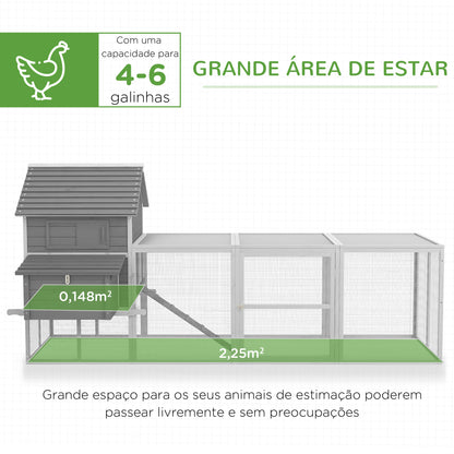 PawHut Galinheiro Grande de Madeira 310,5x149,5x149 cm Gaiola para Galinhas com 2 Janelas Portas Ninho Bandeja Amovível e Rampa para Exterior Cinza