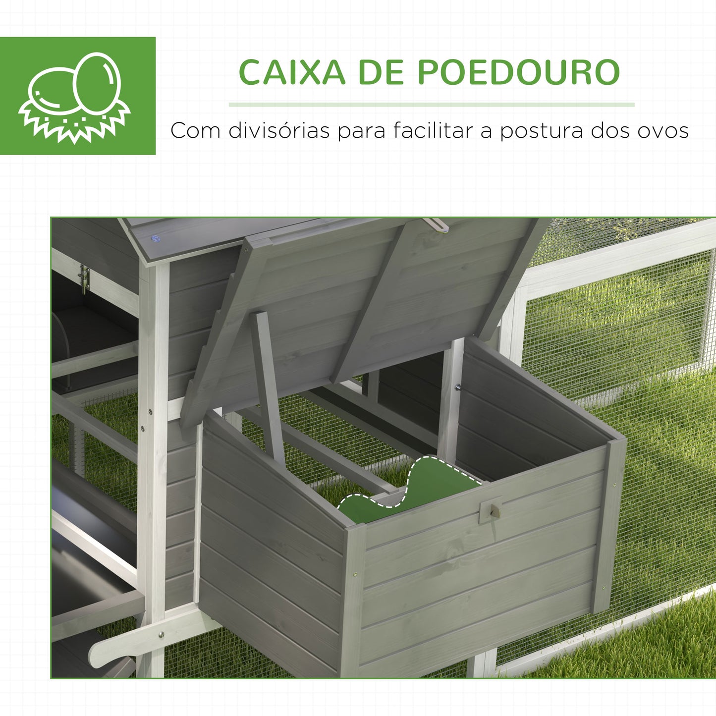 PawHut Galinheiro Grande de Madeira 310,5x149,5x149 cm Gaiola para Galinhas com 2 Janelas Portas Ninho Bandeja Amovível e Rampa para Exterior Cinza