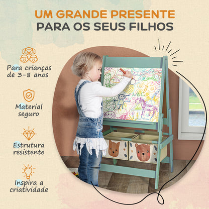 AIYAPLAY Cavalete para Crianças 3 em 1 Cavalete Infantil de Dupla Face Cavalete de Arte com Rolo de Papel Quadro e 2 Cestas de Armazenamento 54x46,5x93 cm Verde