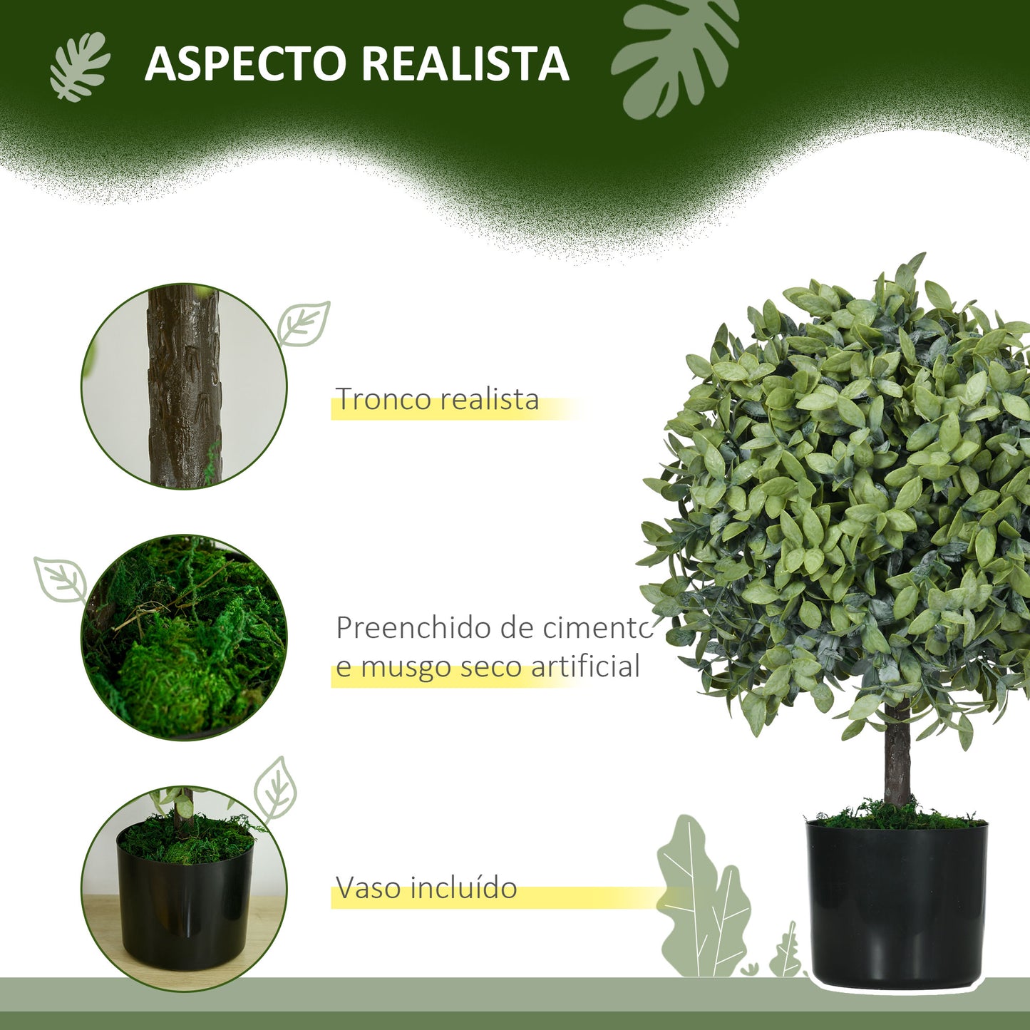 Conjunto de 2 Árvores de Chá Artificial 55 cm Planta Artificial com 343 Folhas Musgo e Vaso Planta Artificial Decorativa para Interior Exterior Casa Sala de Estar Escritório Verde