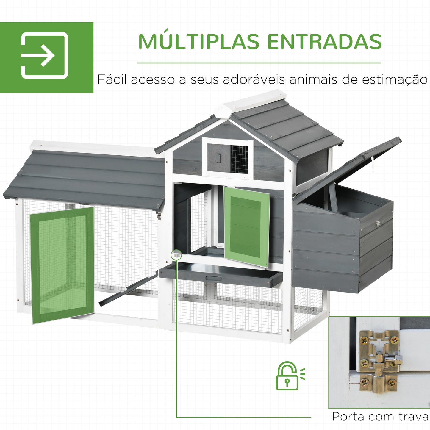 PawHut Galinheiro de Madeira para Exterior Gaiola para 2-3 Galinhas com Cercado de Arame Teto Abatível Caixa Ninho Bandeja Removível e Rampa 150,5x54x87cm Cinza e Branco