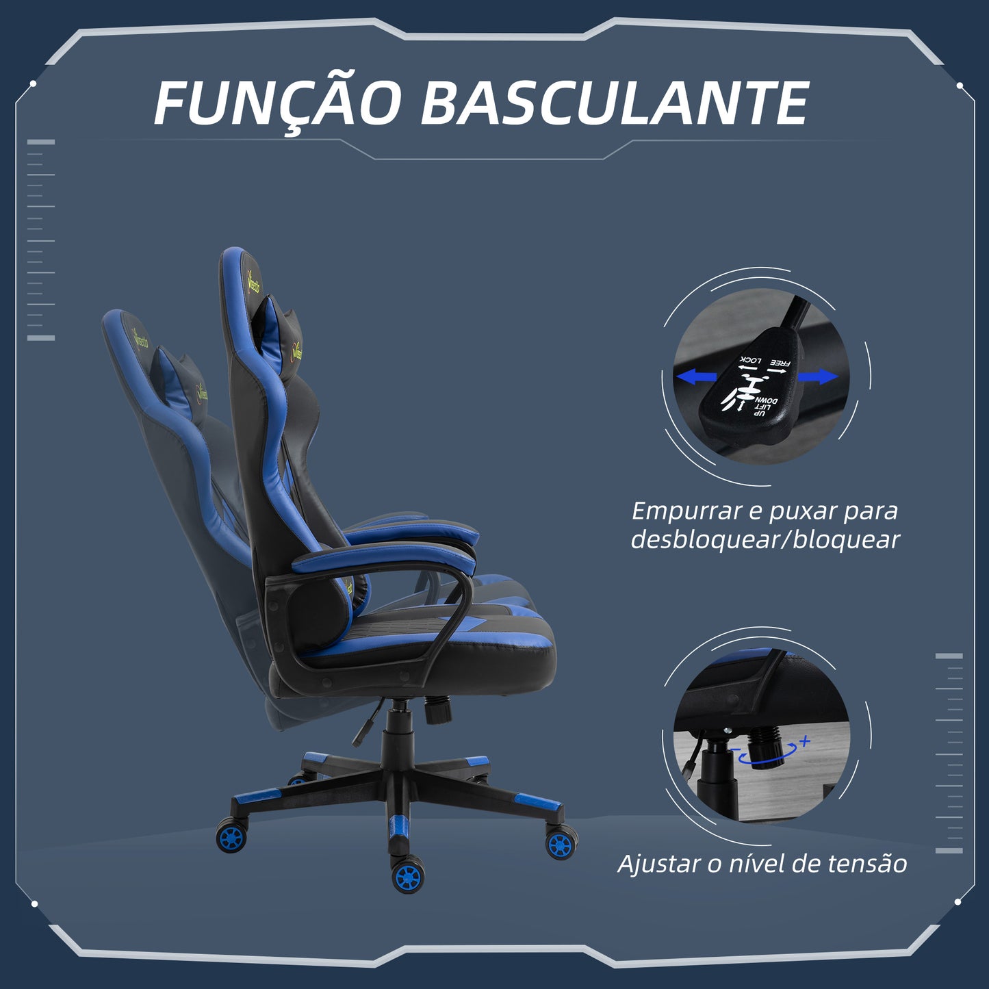 Vinsetto Cadeira Gaming Cadeira de Escritório Ergonómica com Altura Regulável Basculante com Apoio de Cabeça e Almofada Lombar 61x70x121-129 cm Azul