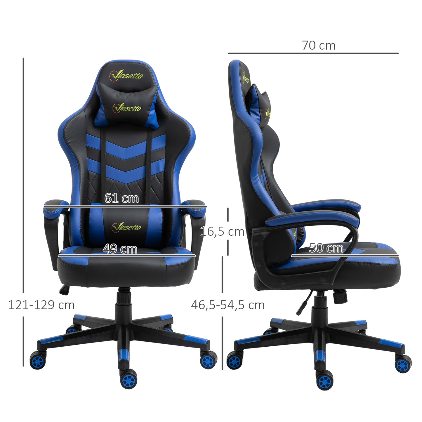 Vinsetto Cadeira Gaming Cadeira de Escritório Ergonómica com Altura Regulável Basculante com Apoio de Cabeça e Almofada Lombar 61x70x121-129 cm Azul