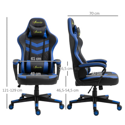 Vinsetto Cadeira Gaming Cadeira de Escritório Ergonómica com Altura Regulável Basculante com Apoio de Cabeça e Almofada Lombar 61x70x121-129 cm Azul