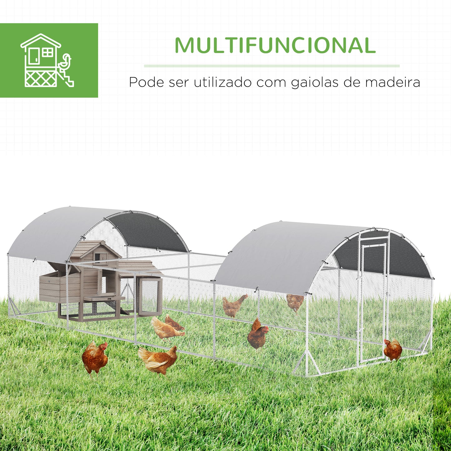 PawHut Galinheiro Exterior de Aço Galvanizado 7,6x2,8x1,95m Galinheiro Grande com 4 Ambientes Teto Coberto e Grade para 20-24 Galinhas Coelhos Patos Prata