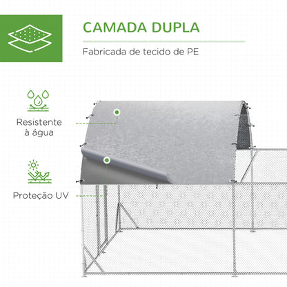 PawHut Galinheiro Exterior de Aço Galvanizado 7,6x2,8x1,95m Galinheiro Grande com 4 Ambientes Teto Coberto e Grade para 20-24 Galinhas Coelhos Patos Prata