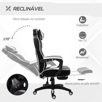 Vinsetto Cadeira de escritorio gaming ergonômica Altura ajustável Reclinável Encosto com apoio para pés Encosto de cabeça Almofada lombar Rodas 65x70x118,5-126,5 cm Branco e Preto