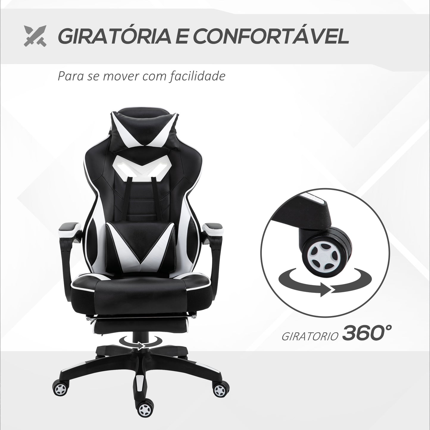 Vinsetto Cadeira de escritorio gaming ergonômica Altura ajustável Reclinável Encosto com apoio para pés Encosto de cabeça Almofada lombar Rodas 65x70x118,5-126,5 cm Branco e Preto