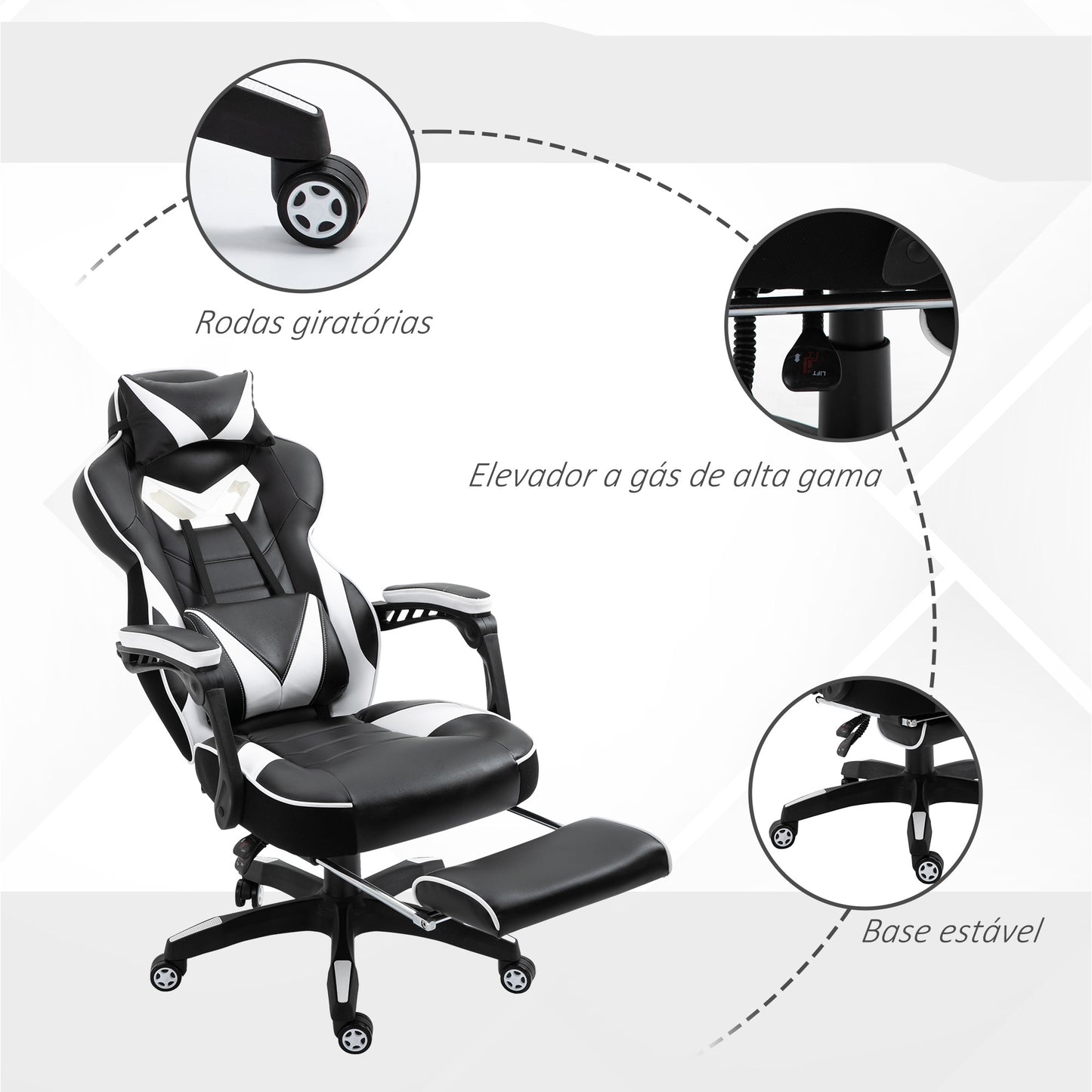 Vinsetto Cadeira de escritorio gaming ergonômica Altura ajustável Reclinável Encosto com apoio para pés Encosto de cabeça Almofada lombar Rodas 65x70x118,5-126,5 cm Branco e Preto