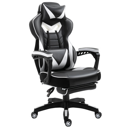 Vinsetto Cadeira de escritorio gaming ergonômica Altura ajustável Reclinável Encosto com apoio para pés Encosto de cabeça Almofada lombar Rodas 65x70x118,5-126,5 cm Branco e Preto