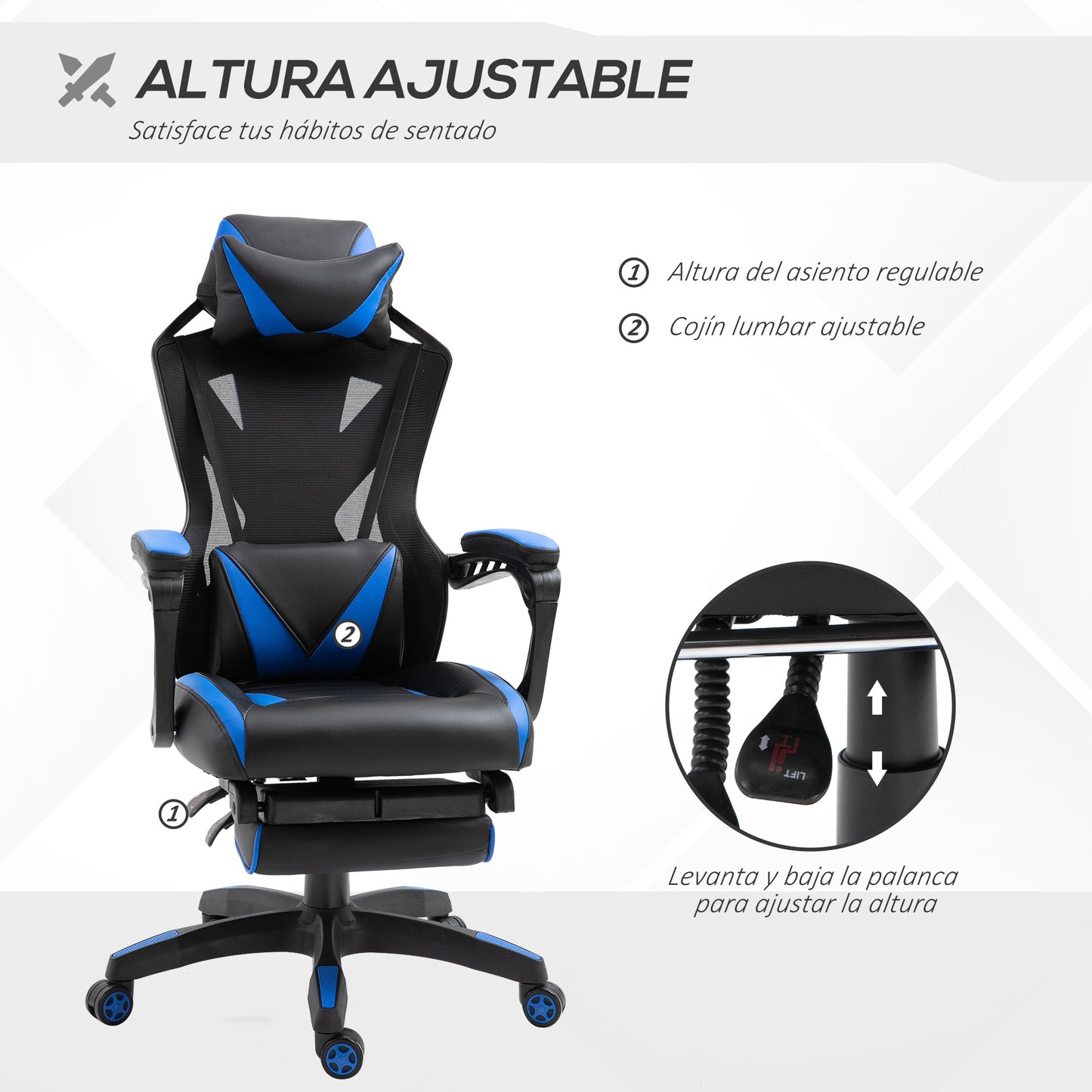 Vinsetto Cadeira Gaming Ergonómica Cadeira Gaming para Escritório com Altura Ajustável Encosto Regulável Almofada Lombar Apoio para os Pés Retráteis 65x70x117-125cm Azul