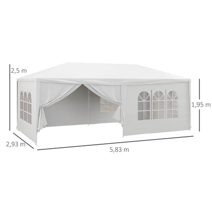 Outsunny Tenda de Jardim 583x293 cm Tenda de Festas Desmontável com 4 Janelas 2 Portas com Fecho de Correr 6 Paredes Laterais e Impermeável para Exterior Pátio Branco