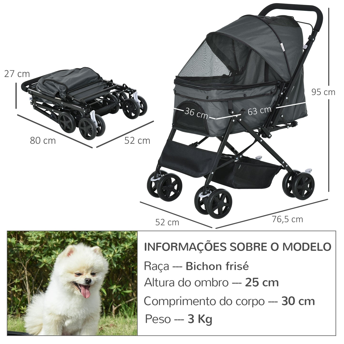 PawHut Carrinho para Animais de Estimação Dobrável Carro para Cães e Gatos com Capô Ajustável Cesta de Armazenamento Cinto de Segurança Tecido Oxford 600D Aço 76,5x52x95cm Cinza