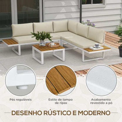 Outsunny Conjunto de Móveis de Jardim 4 Peças Jogo de Móveis de Terraço Inclui 2 Sofás Duplos 1 Sofá de Canto Reclinável e Mesa de Centro com Almofadas para Pátio Creme