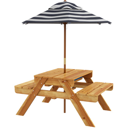 Outsunny Mesa de Piquenique para Crianças de Madeira Mesa e 2 Bancos Infantis com Chapéu de Sol e Caixa de Areia para Jardim Pátio 89x80,5x42,5 cm Teca