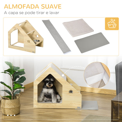 PawHut Casa para Cães de Madeira Casa de Interior para Cães com Comedouro 2 Tigelas de Aço Inoxidável e Almofada Suave Removível 62x40x54cm Carvalho e Cinza