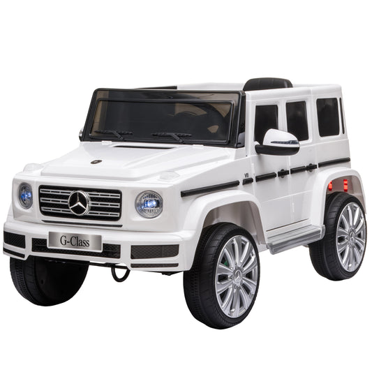 HOMCOM Carro Elétrico para Crianças acima de 3 Anos BENZ G500 Todo-o-Terreno com Bateria 12V Veículo Elétrico com Controlo Remoto Música Buzina Velocidade 3-5 km/h Carga 30 kg Branco