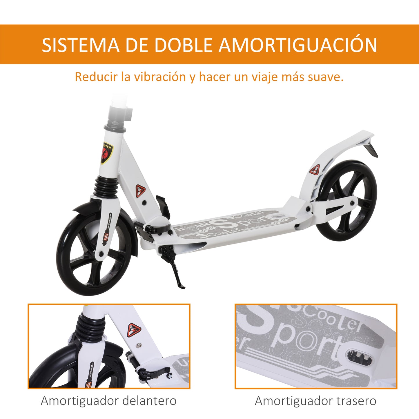 HOMCOM Trotinete dobrável altura ajustável e guiador para adultos e crianças acima de 14 anos com rodas grandes e freio Carga 100kg branco