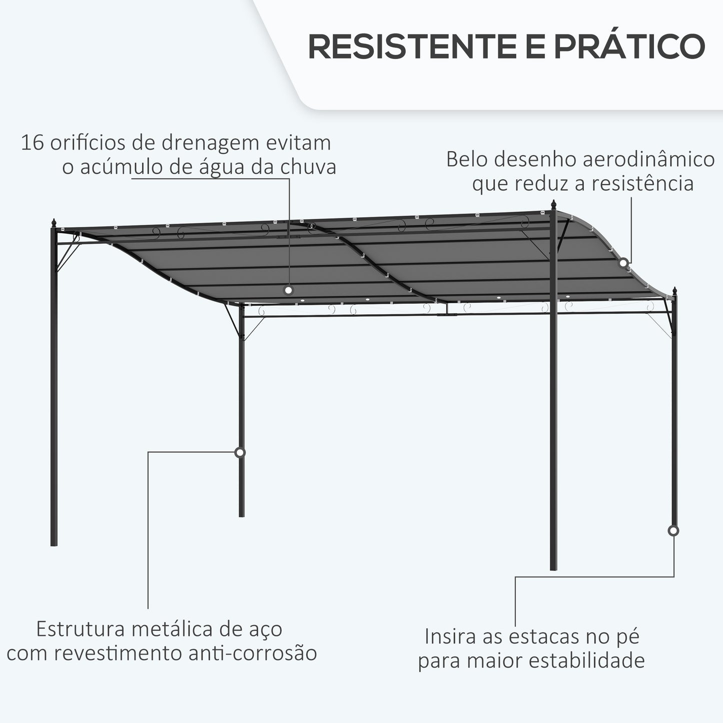 Outsunny Pérgola de Jardim 4x3m Pérgola Montada na Parede com Toldo e 16 Orifícios de Drenagem para Pátio Terraço Metal e Poliéster 180 g/m² Resistente Cinza