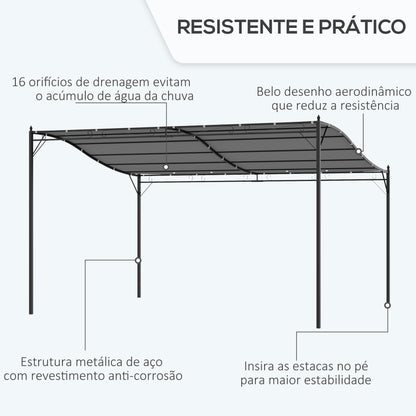 Outsunny Pérgola de Jardim 4x3m Pérgola Montada na Parede com Toldo e 16 Orifícios de Drenagem para Pátio Terraço Metal e Poliéster 180 g/m² Resistente Cinza