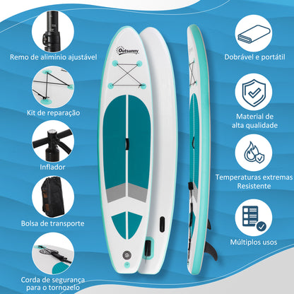 Outsunny Prancha de Paddle Surf Inflável 320x76x15cm Dobrável com Remo de Alumínio Ajustável Desmontável Bolsa de Transporte e Acessórios Branco e Turquesa