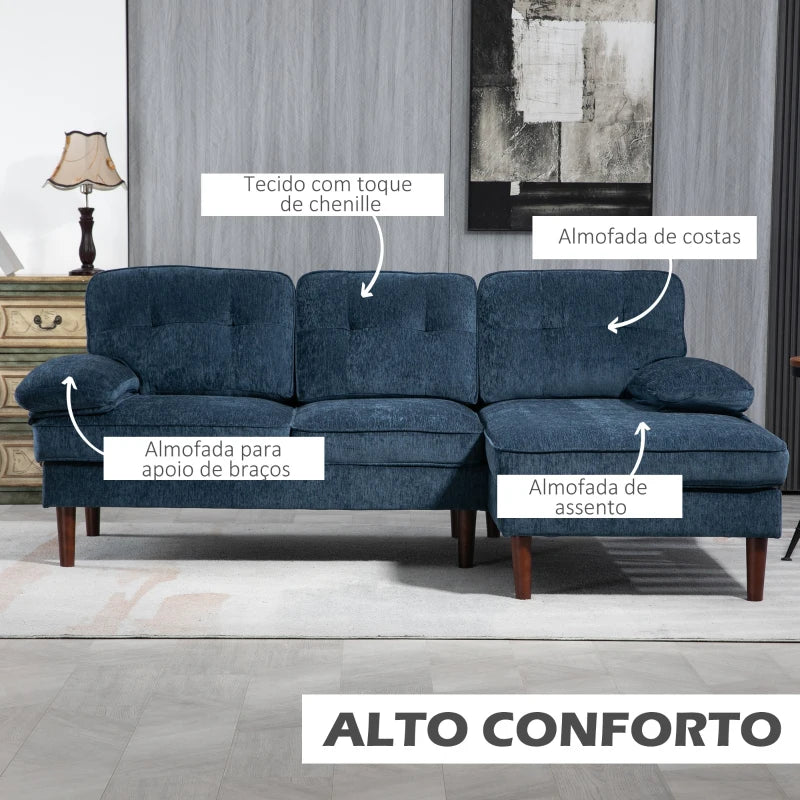 Sofá de Canto "Porto" com Chaise Longue - 215x142x88 cm - Azul - Estofado em Poliéster com Apoios de Braço