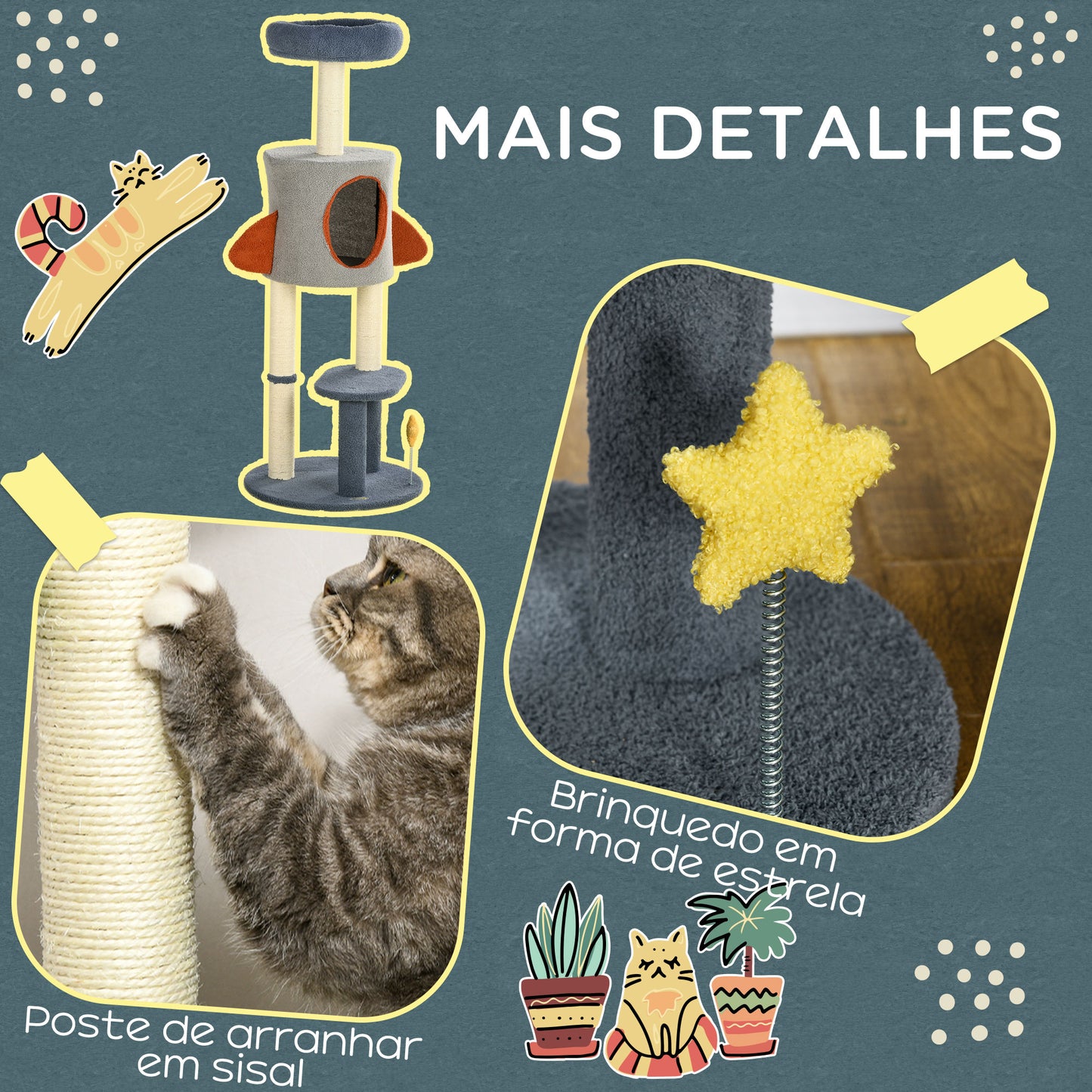 PawHut Arranhador para Gatos de 116 cm Tipo Foguete Torre para Gatos com Postes para Arranhar Cama Caverna e Brinquedo de Estrela Ø44x116 cm Azul