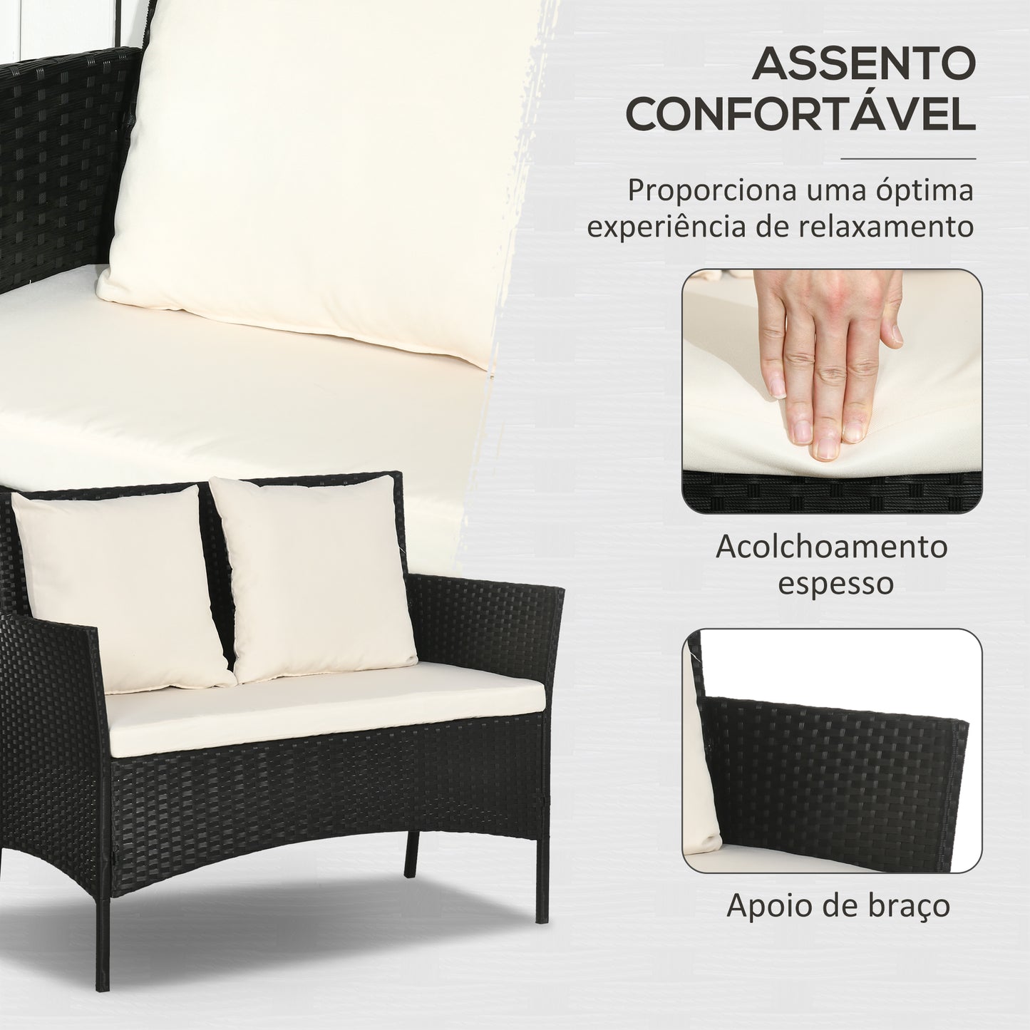 Outsunny Conjunto de Jardim de Vime Sintético Conjunto de 4 Peças Móveis de Jardim com 2 Poltronas 1 Sofá de 2 Lugares 1 Mesa de Centro com Tampo de Vidro e Almofadas Preto e Branco