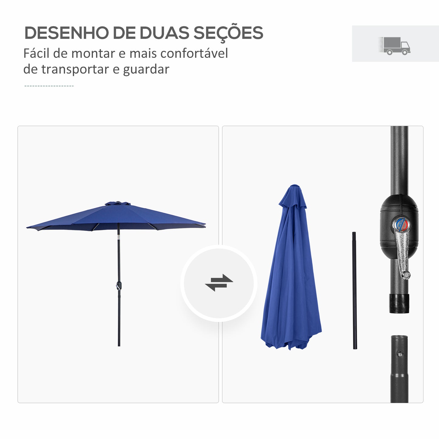 Outsunny Chapéu de Sol de Jardim Ø295x250 cm com Manivela Chapéu de Sol Exterior com Mecanismo de Inclinação e Mastro Desmontável de Metal para Terraço Piscina Pátio Azul