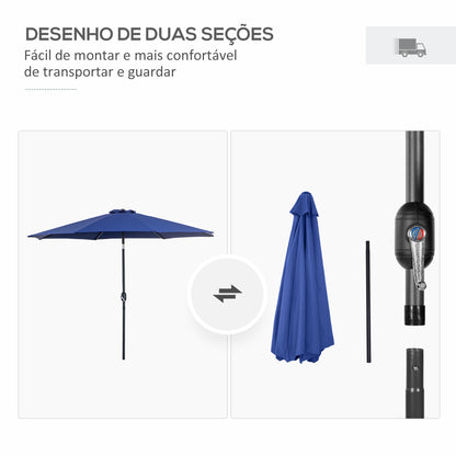 Outsunny Chapéu de Sol de Jardim Ø295x250 cm com Manivela Chapéu de Sol Exterior com Mecanismo de Inclinação e Mastro Desmontável de Metal para Terraço Piscina Pátio Azul