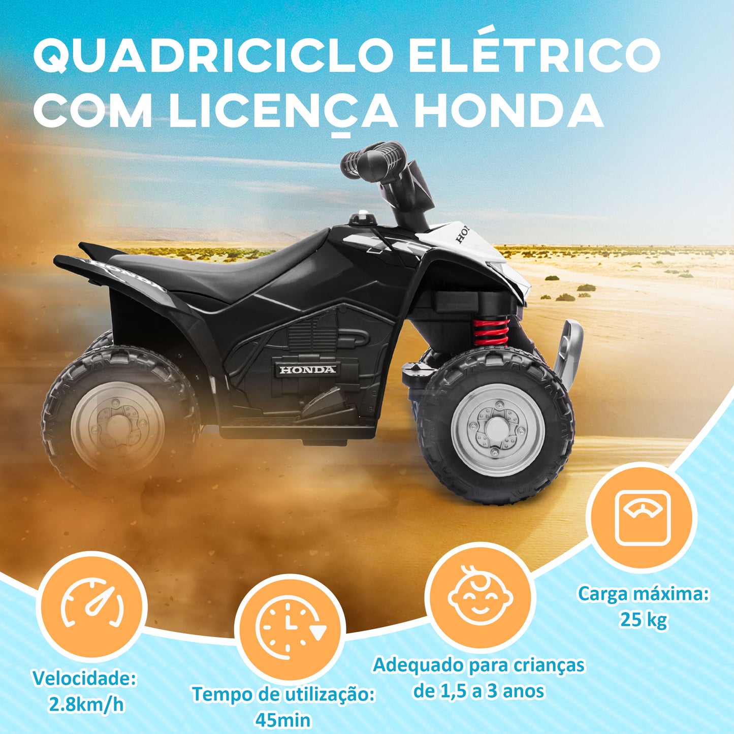 AIYAPLAY Quadriciclo Elétrico HONDA para Crianças de 18-36 Meses Quadriciclo Elétrico Infantil a Bateria 6V com Faróis LED Buzina Velocidade de 2,8km/h e Avance 65,5x35,5x43,5 cm Branco e Preto