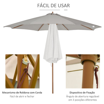 Outsunny Chapéu de Sol de Jardim Ø300x250cm com Sistema de Polia Teto Ventilado e Mastro Desmontável de Madeira para Terraço Pátio Exterior Cinza Claro