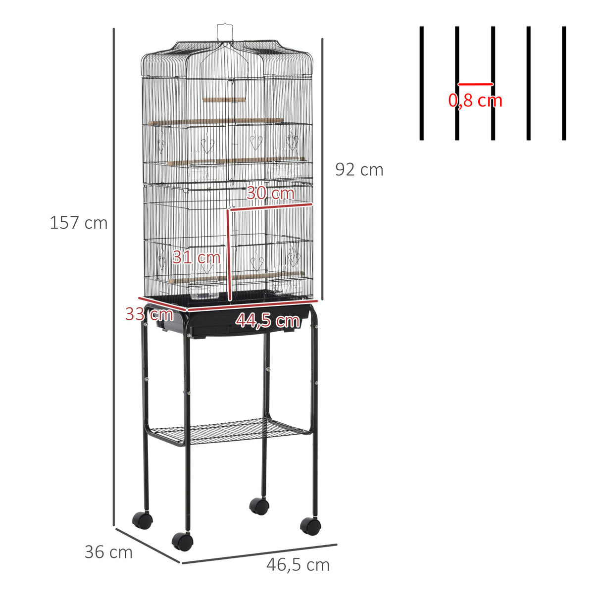 PawHut Gaiola para Passáros com Suporte Gaiola Metálica de Aves Canários com 4 Rodas Portas 4 Comedouros 3 Poleiros Bandeja Removível e Prateleira Inferior 46,5x36x157cm Preto