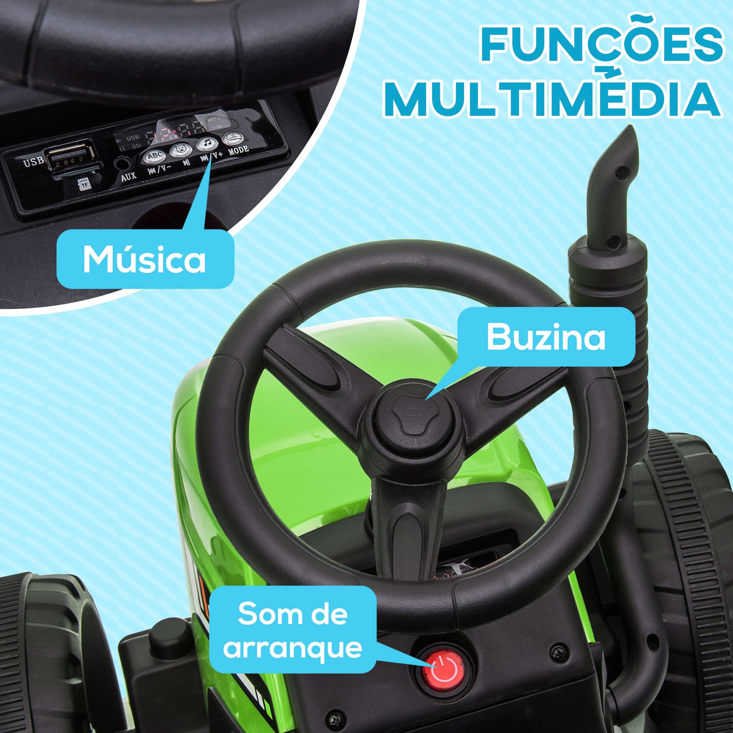 HOMCOM Trator Elétrico com Reboque Amovível Carro Elétrico para Crianças 3-6 Anos com Controlo Remoto Música MP3 Luzes e Cinto de Segurança 136,5x50x52,5 cm Verde