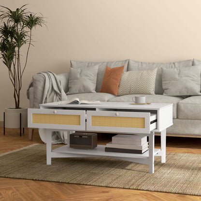 HOMCOM Mesa de Centro com 2 Gavetas Decorativas de Vime e Prateleira de Armazenamento Inferior para Sala de Estar Escritório Carga 50 kg 100x50x50 cm Branco