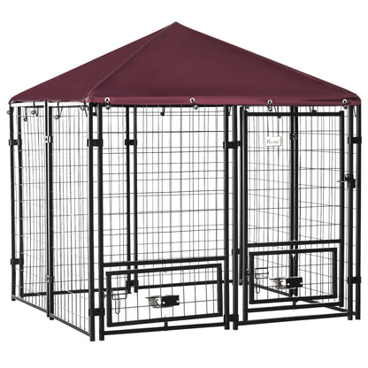 PawHut Parque para Cães com 8 Painéis Recinto para Cães Metálico de Exterior com 2 Suportes Giratórios para Comida 2 Tigelas e Toldo Impermeável e Anti-UV 141x141x153 cm Preto e Vermelho