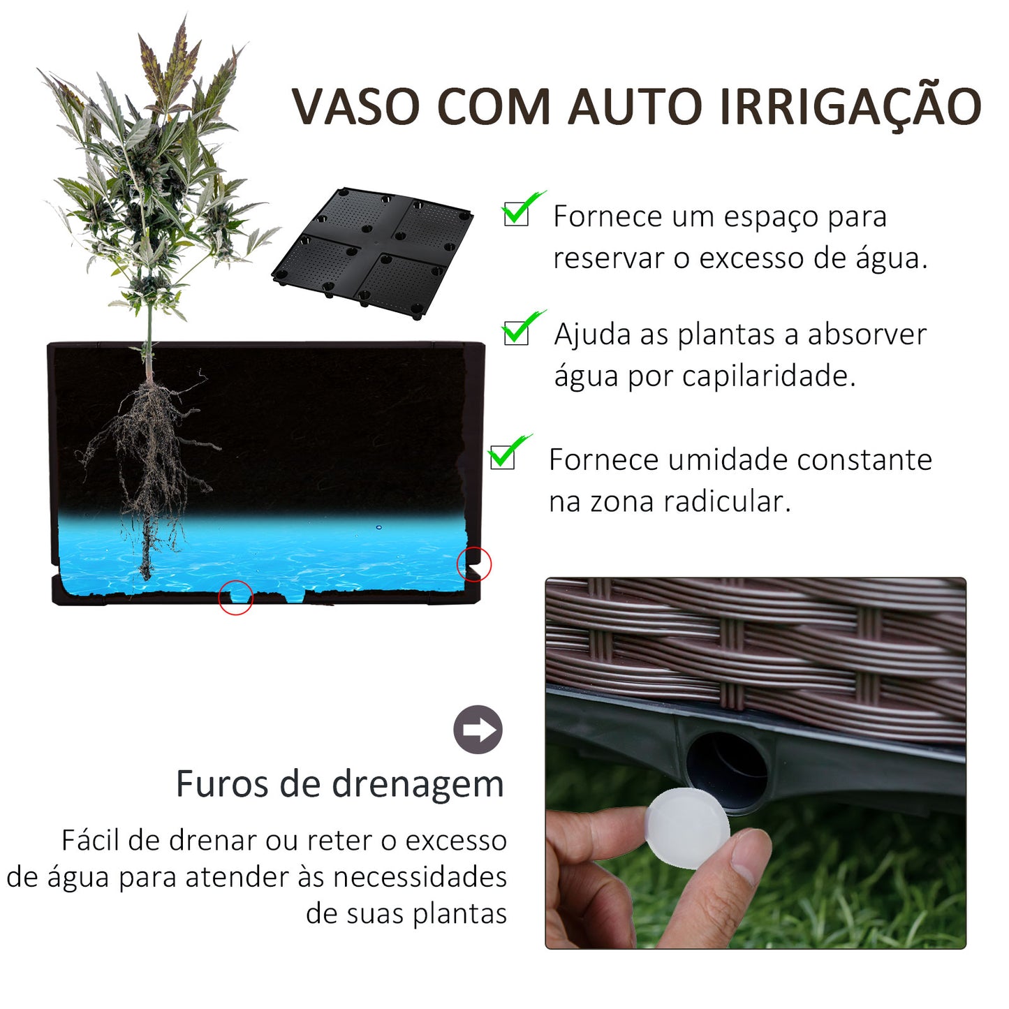 Outsunny Floreira de Plástico Quadrada com 4 Rodas Floreira de Jardim com Orifícios de Drenagem para Cultivo de Plantas em Exterior Pátio Terraço 40x40x31,5cm Marrom