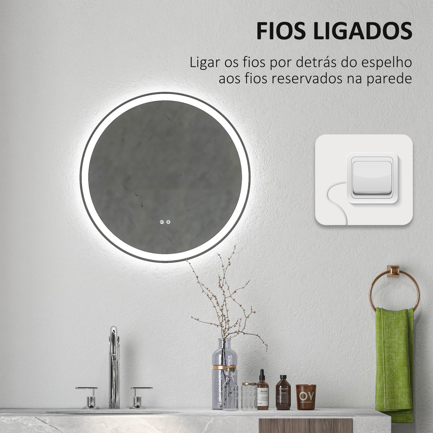 kleankin Espelho de Casa de Banho com Luzes LED Ajustáveis Ø60 cm Espelho de Parede Redondo com Função de Memória Anti-embaciamento e Interrutor Tátil para Sala Entrada Prata