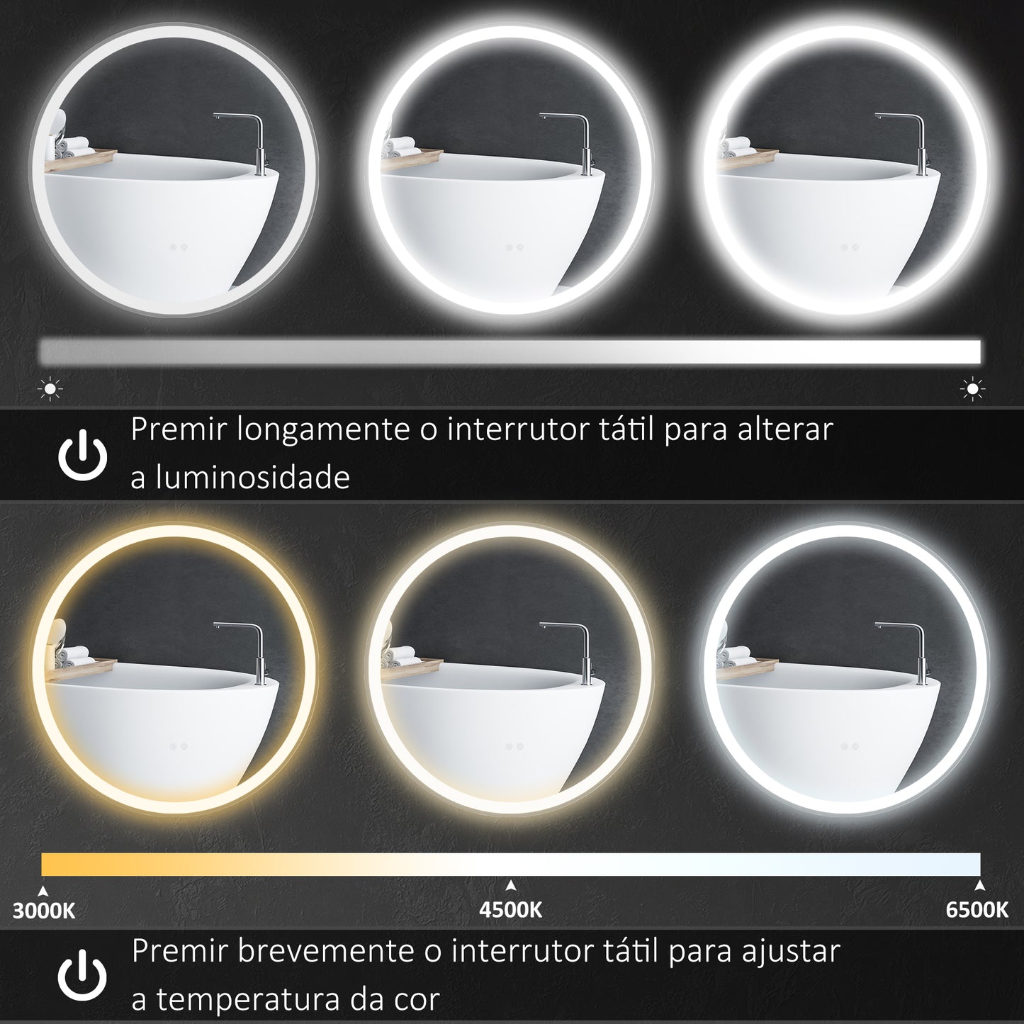 kleankin Espelho de Casa de Banho com Luzes LED Ajustáveis Ø60 cm Espelho de Parede Redondo com Função de Memória Anti-embaciamento e Interrutor Tátil para Sala Entrada Prata