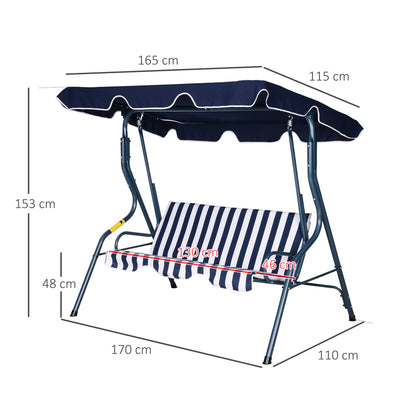 Outsunny Baloiço de Jardim de 3 Lugares com Estrutura de Metal Almofada Toldo Ajustável Balcão Terraço Patio Carga Máx. 200kg 170x110x153cm Azul e Branco