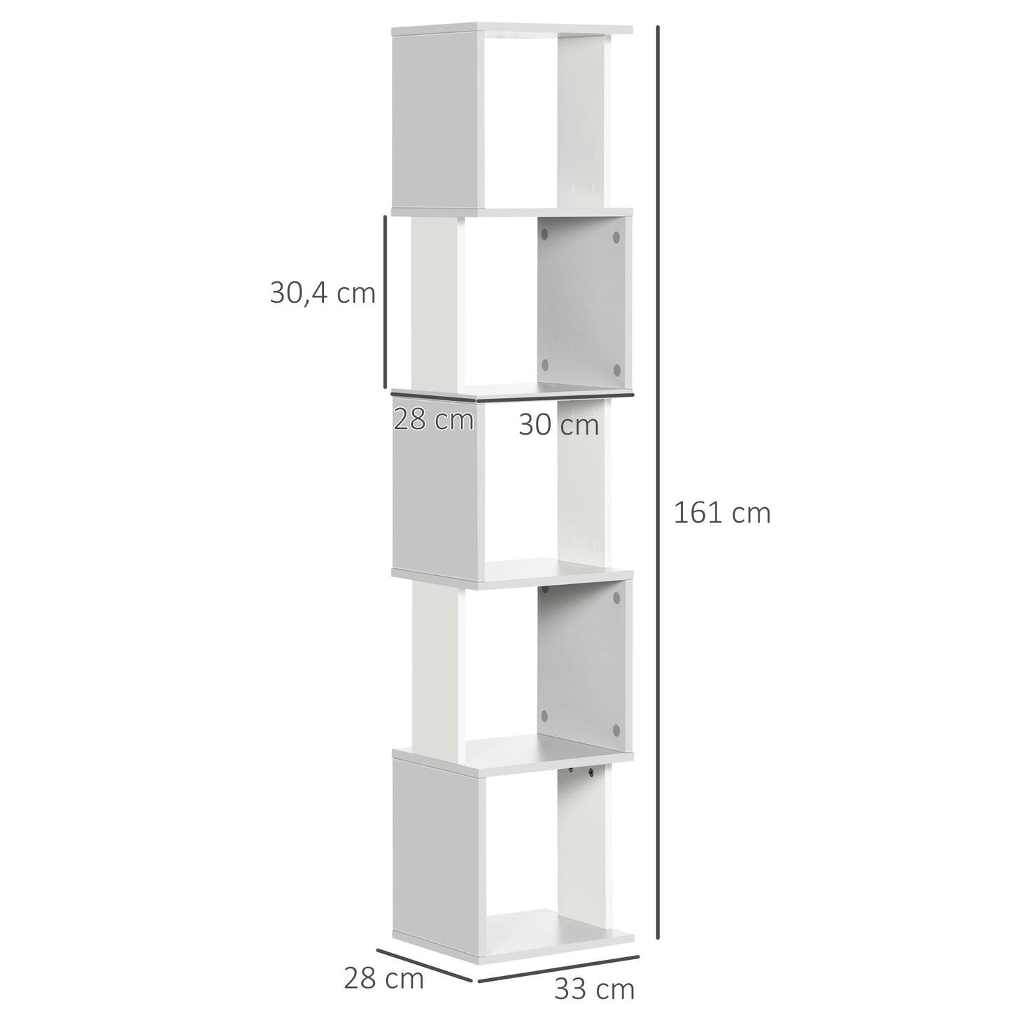 HOMCOM Estante de Livros em Forma de S Estante com 5 Prateleiras Abertas para Sala de Estar Escritório Estúdio Anti-Tombo Carga Máxima 100kg 33x28x161cm Branco e Cinza Claro